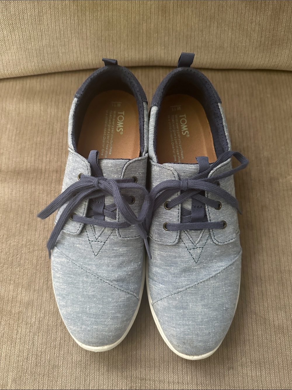 TOMS Chambray Lace-Up Sneakers in Light Blue with Navy Accents